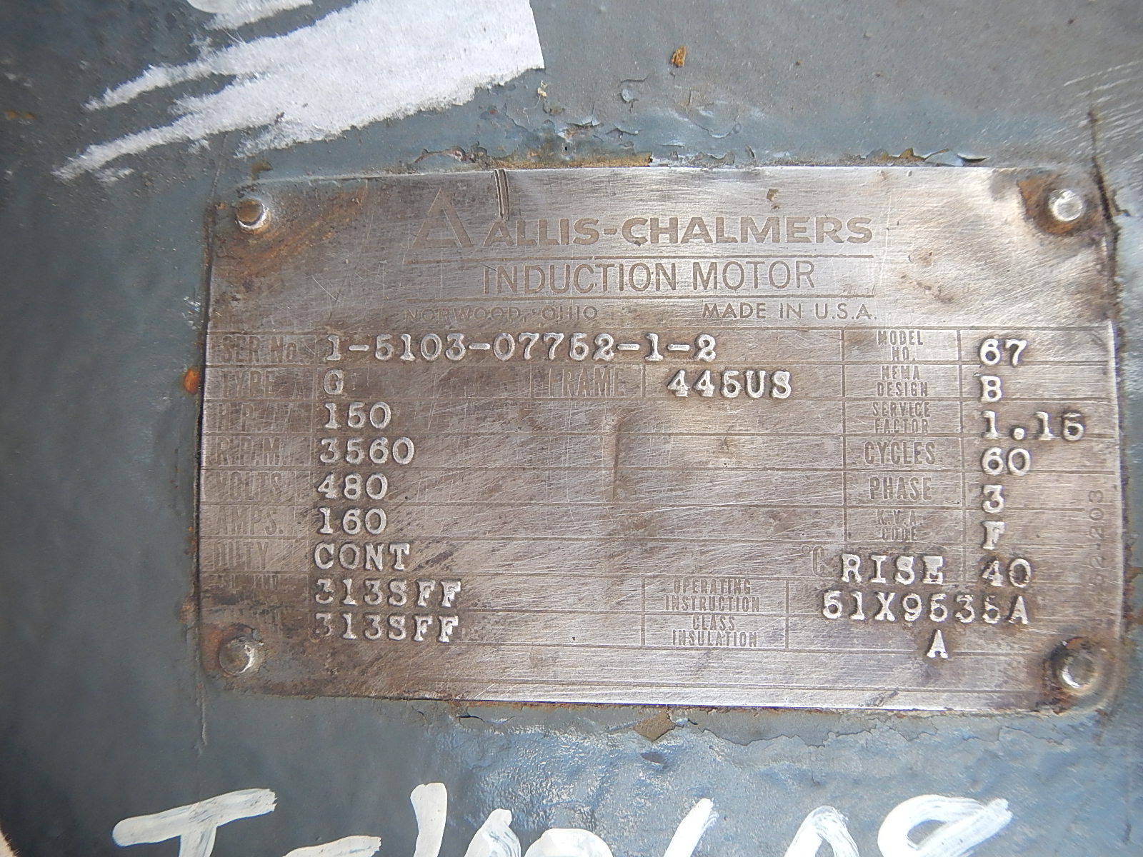 Allis-Chalmers 150 HP 3600 RPM 445US Squirrel Cage Motors 80294